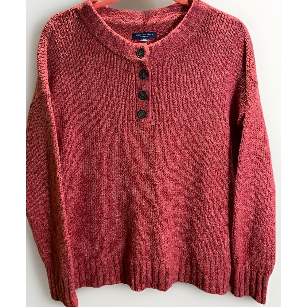 American Eagle Sweater Women M Rose Pink Chunky Knit Jegging Fit Henley Boho